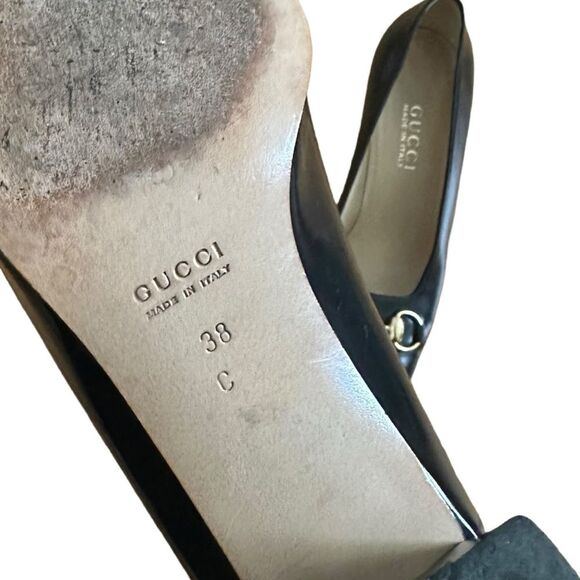 SOLD:Gucci Women's Gold Horsebit Navy Blue Block Heels Size 38C, 8 Wide - Picture 10 of 11